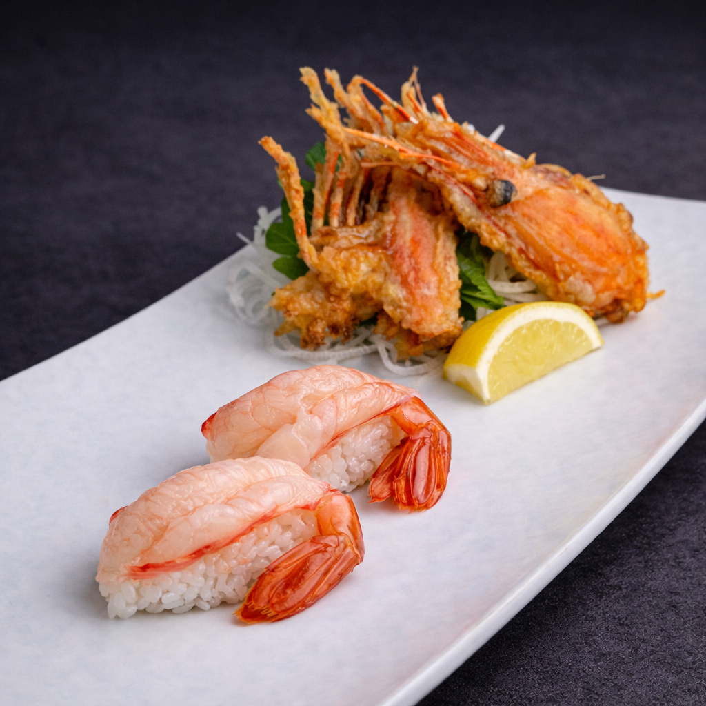 Assorted sushi on a white plate with lemon garnish, including shrimp nigiri and tempura shrimp on a dark background