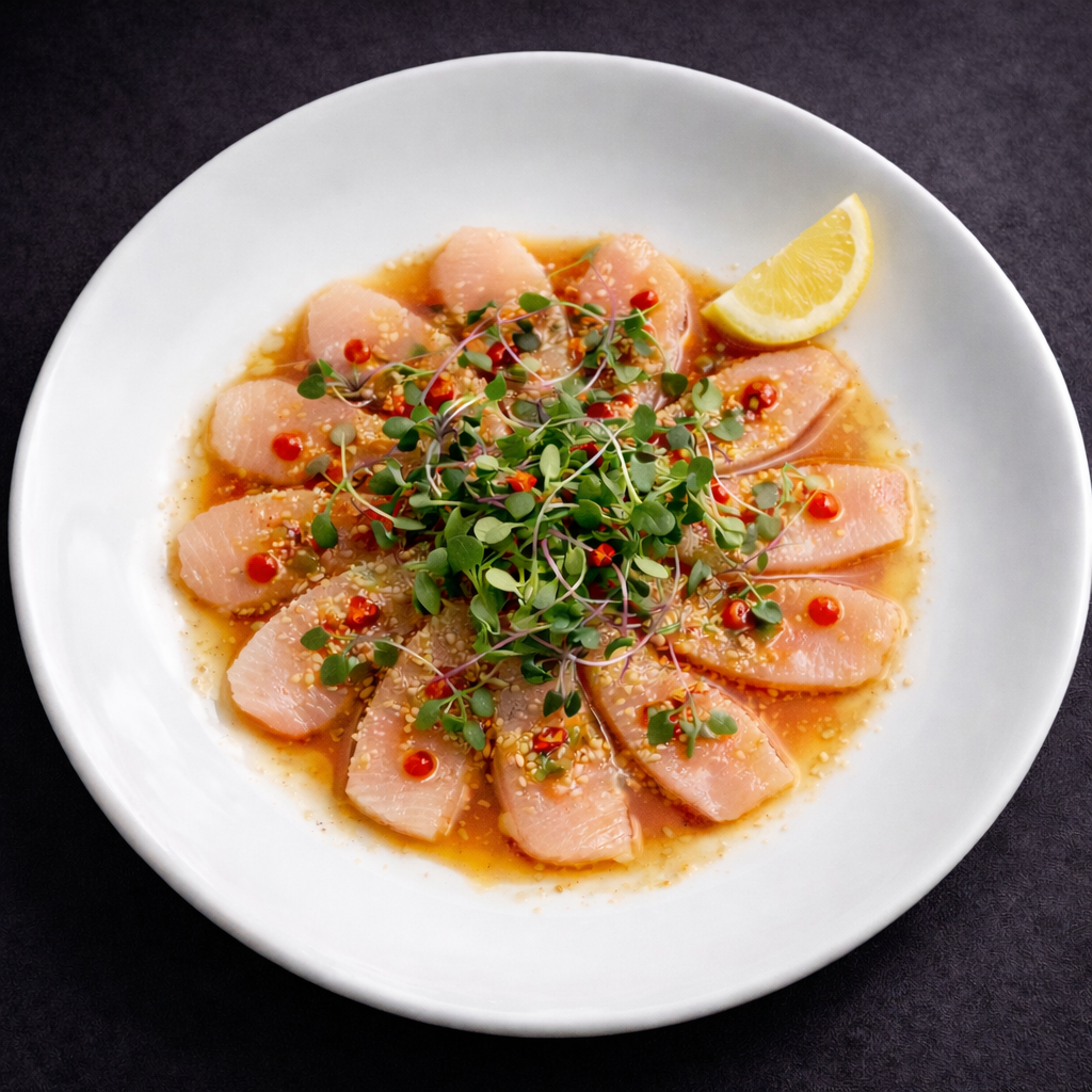 Sliced raw fish carpaccio with herbs, red garnish, and lemon wedge on a white plate