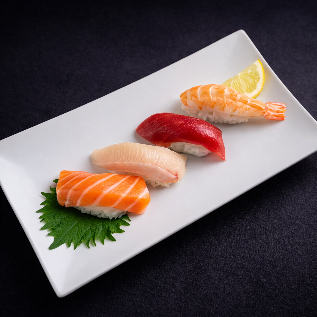 Assorted sushi nigiri on a white plate with a lemon wedge and green garnish on a dark background
