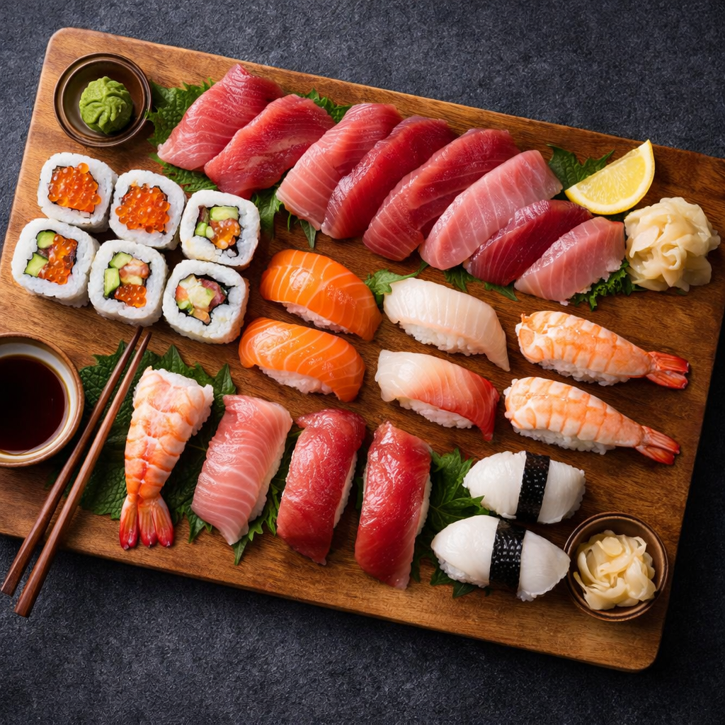 Assorted sushi and rolls on a wooden platter with chopsticks, soy sauce, wasabi, and ginger
