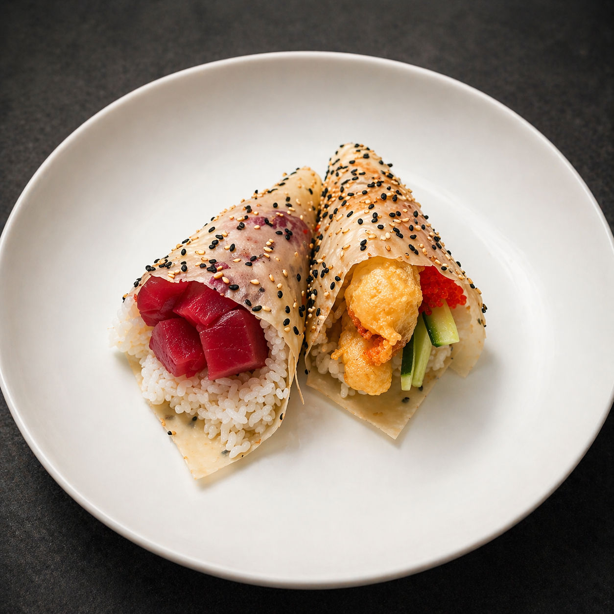 Two sesame-coated rice hand rolls with tuna and shrimp on a white plate