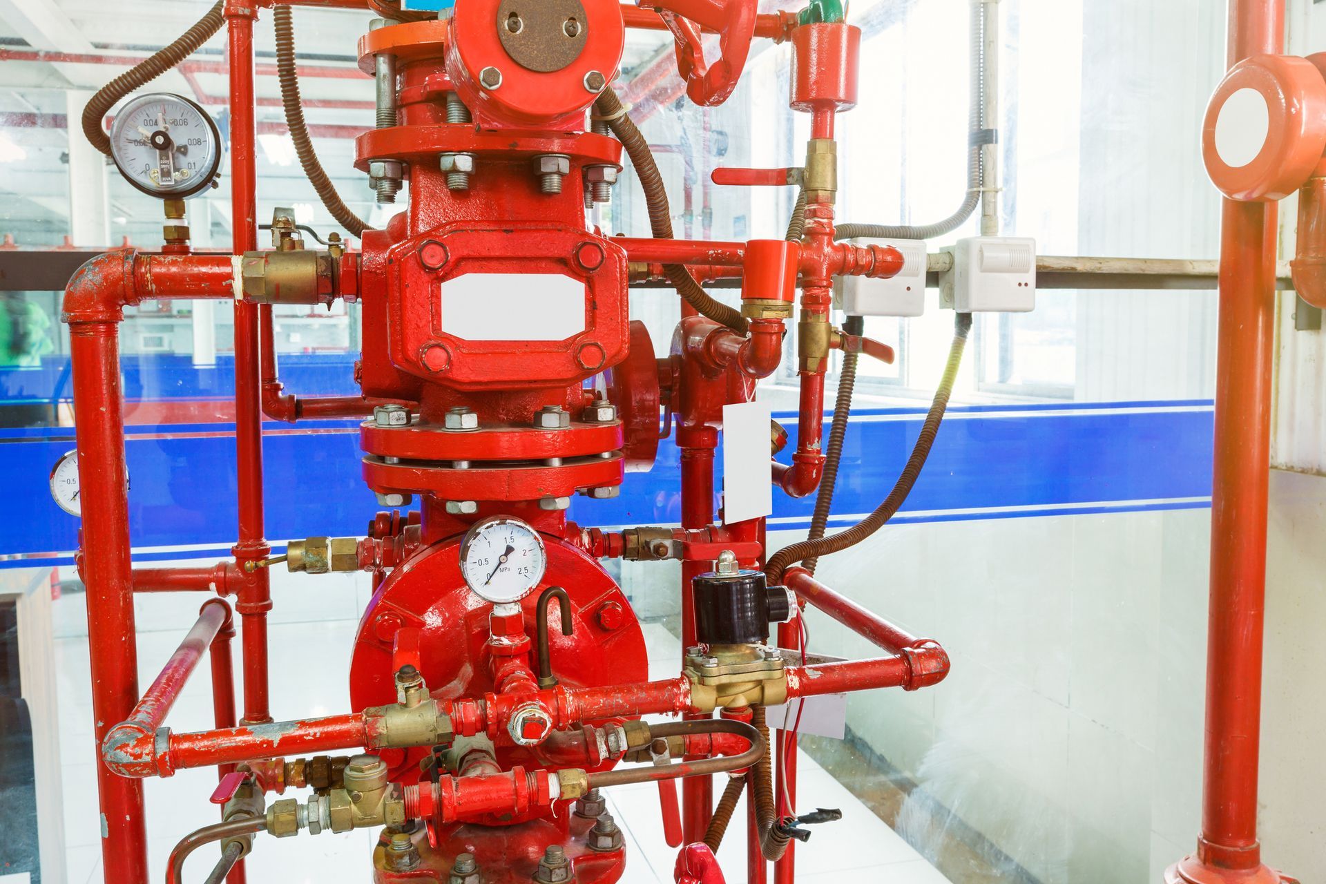 A fire alarm system with red pipes and gauges in a room.