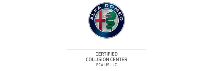 Alfa Romeo Certified Collision Repair Center logo. Circular emblem with a red cross, green serpent, and text.