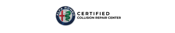 Alfa Romeo Certified Collision Repair Center logo. Circular emblem with a red cross, green serpent, and text.
