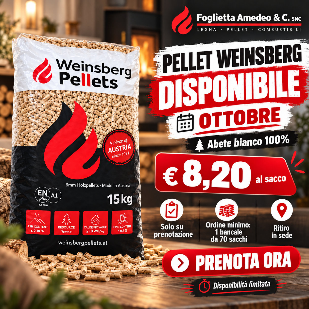 Pubblicità di Weinsberg Pellets con sacco rosso e nero, prezzo €7,85, preordini di settembre e messaggio di disponibilità limitata.