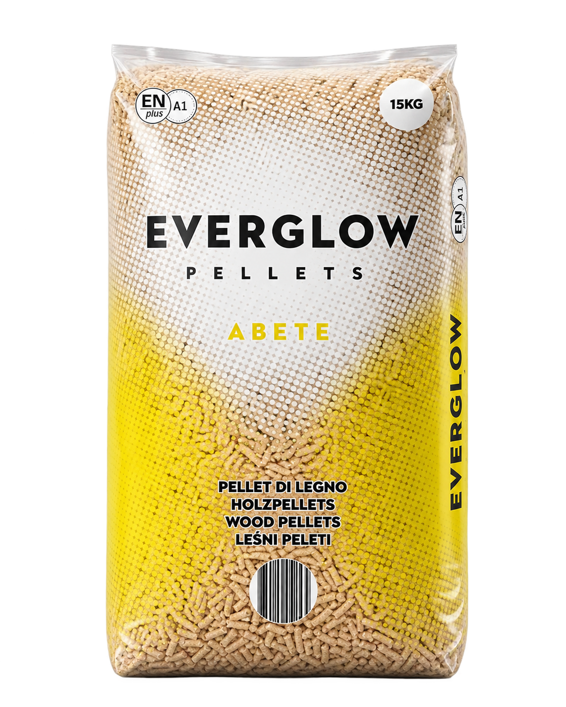 Sacchetto di pellet di faggio Everglow, confezione gialla e beige con grafica di pellet di legno.