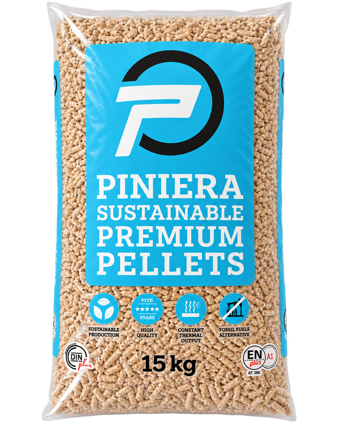 Sacchetto di pellet di pino sostenibile di alta qualità, 15 kg, con etichetta blu e pellet di legno beige a vista.