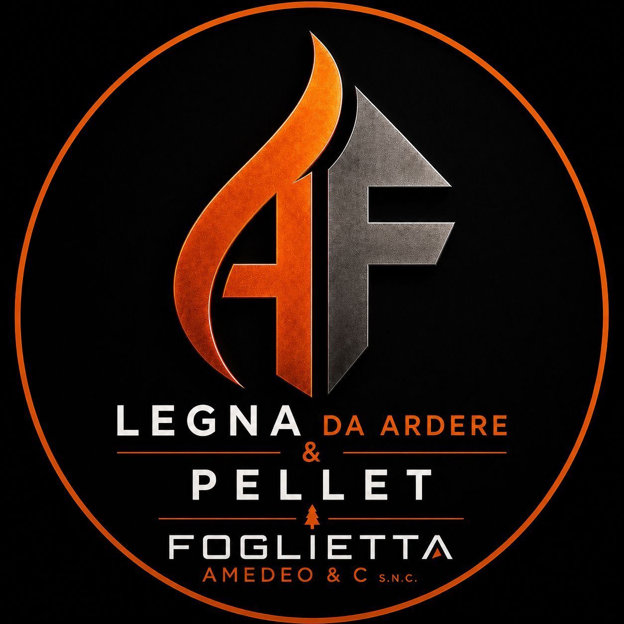 Logo AF con fiamma arancione e lettere grigie sopra “LEGNA DA ARDERE & PELLET FOGLIETTA” su sfondo nero