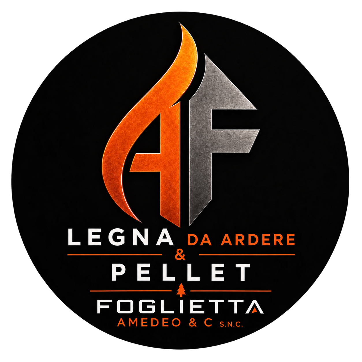 Black circular logo with orange and gray &ldquo;AF&rdquo; and text for Legna da Ardere e Pellet Foglietta.