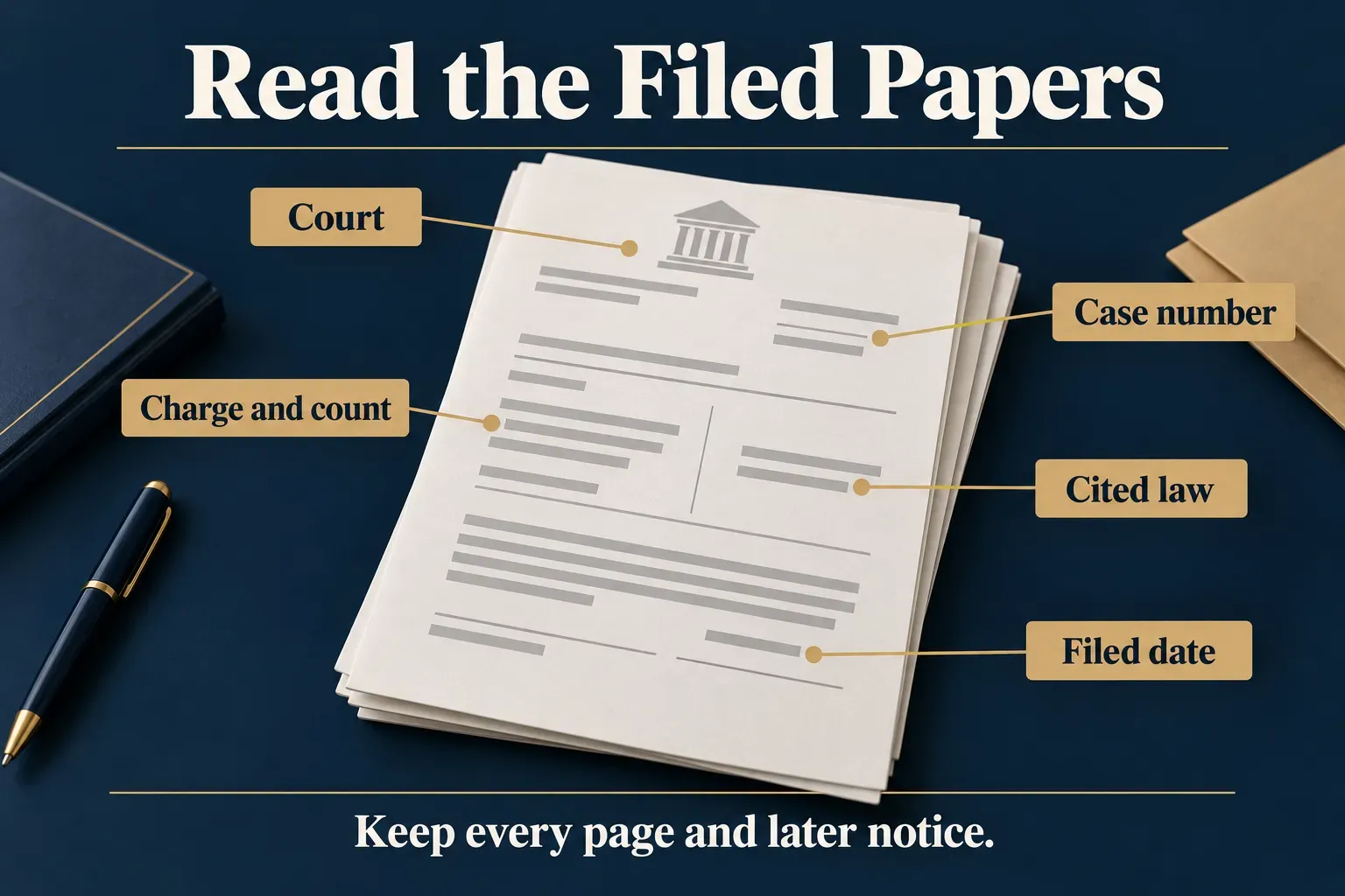 Five callouts identify the court, case number, charge and count, cited law and filed date on fictional papers.