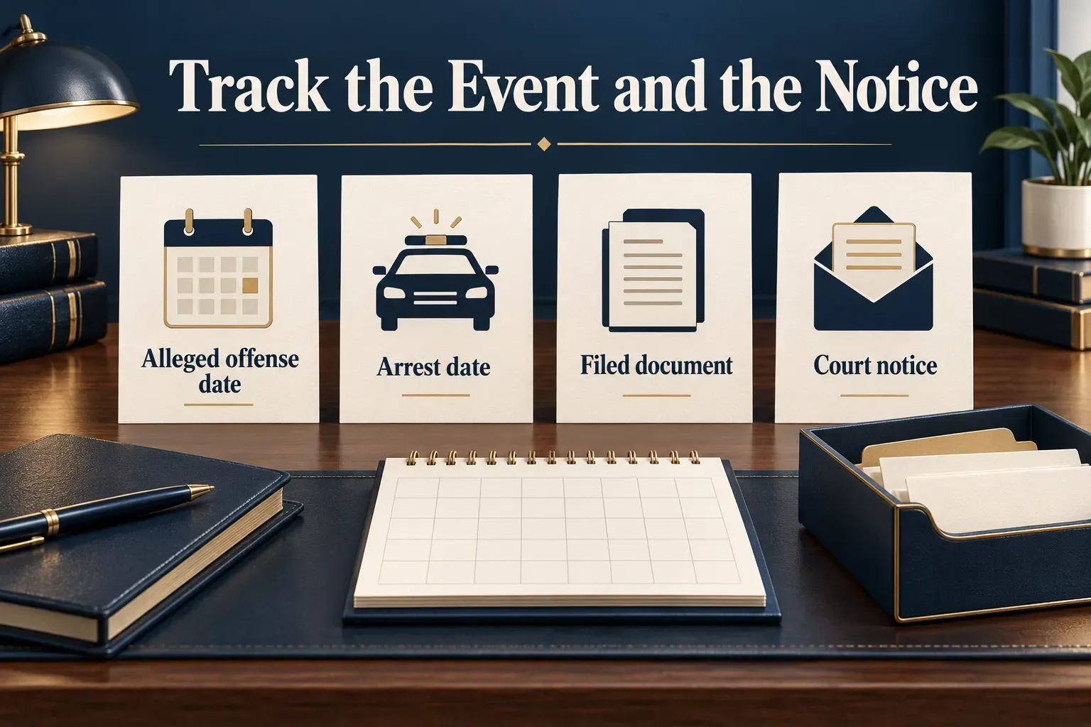 A blank calendar and four notice cards separate the alleged offense date, arrest date, filed document and court notice.