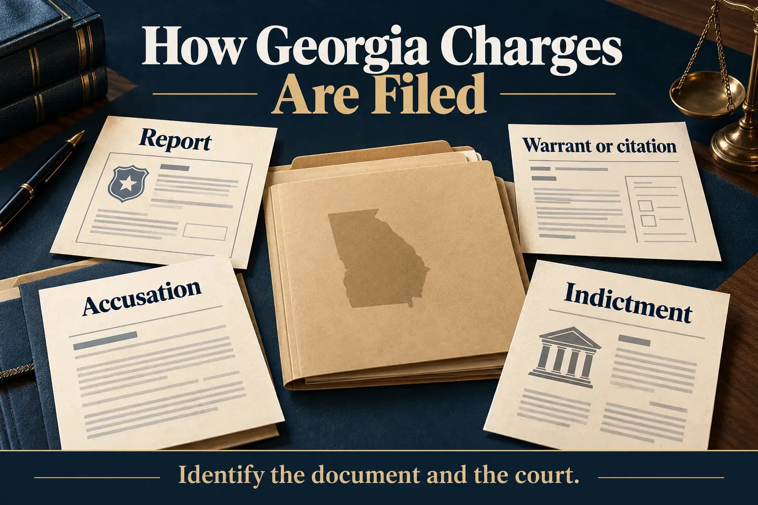 Four illustrated document cards distinguish a report, warrant or citation, accusation and indictment around a case folder.