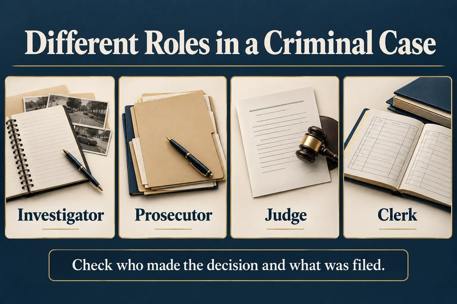 Four illustrated cards distinguish the investigator, prosecutor, judge and clerk in a criminal case.