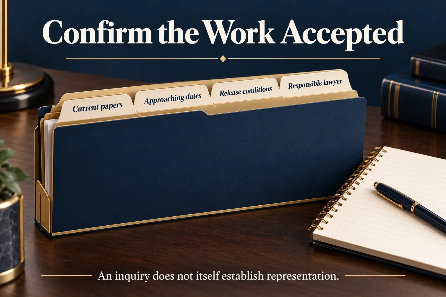Four illustrated tabs identify current papers, approaching dates, release conditions and the responsible lawyer.