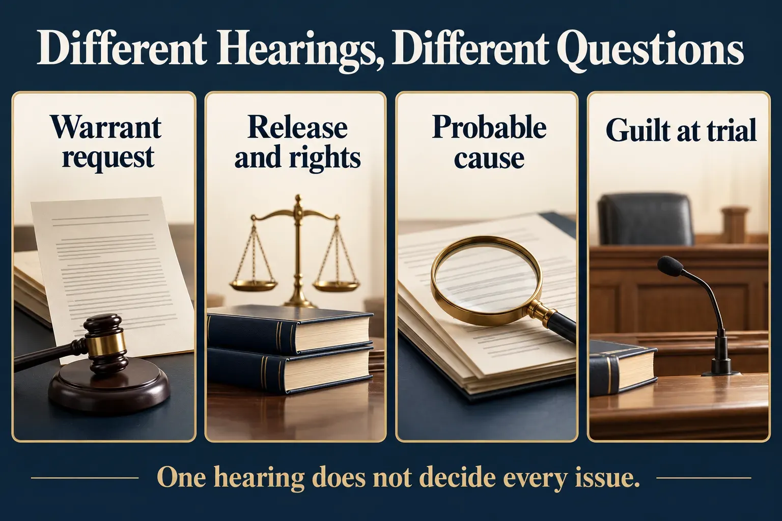 Four separate illustrated panels distinguish a warrant request, release and rights, probable cause and guilt at trial.