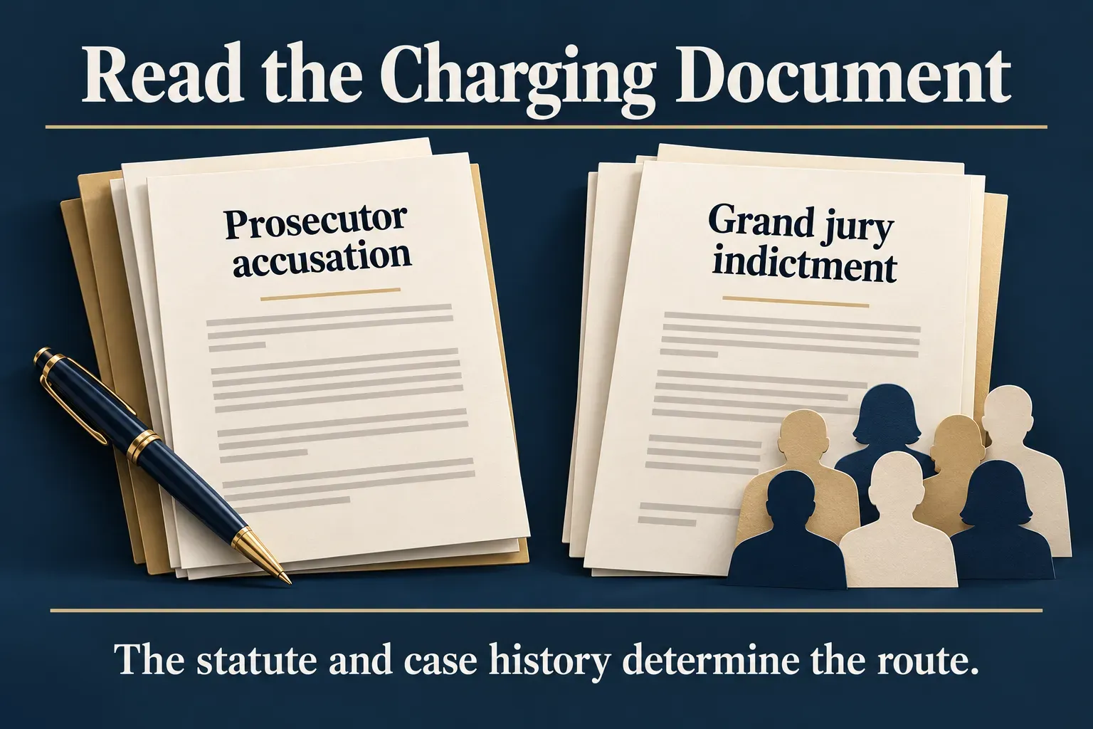 Two illustrated document groups distinguish a prosecutor accusation from a grand jury indictment.