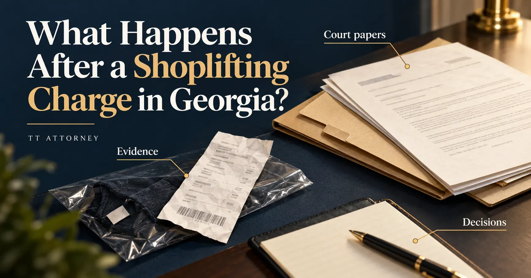 Illustrated case papers, a receipt and a notebook identify court papers, evidence and decisions after a shoplifting charge in Georgia.