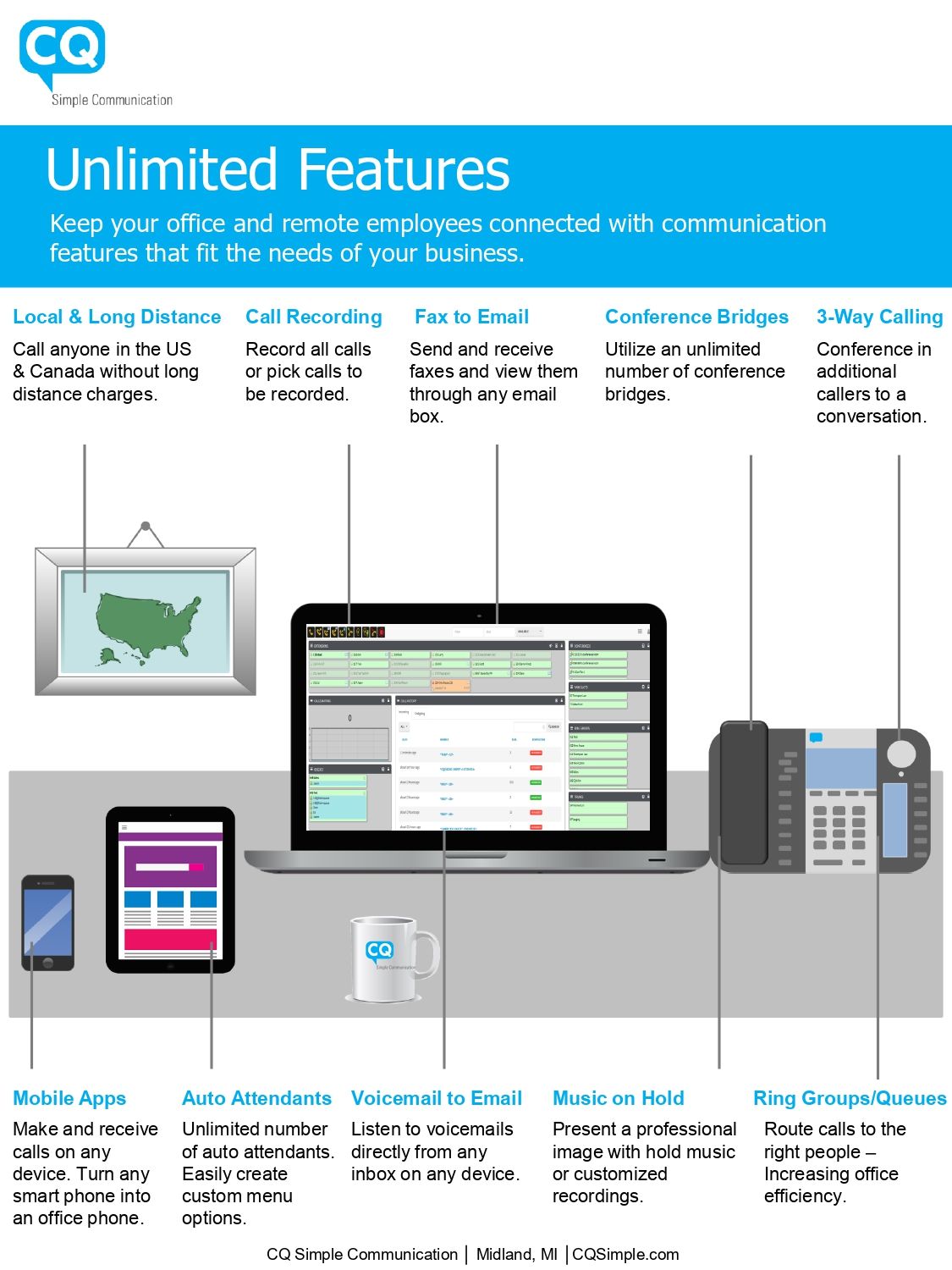 Flyer showcasing business communication features with devices and interface illustrations.