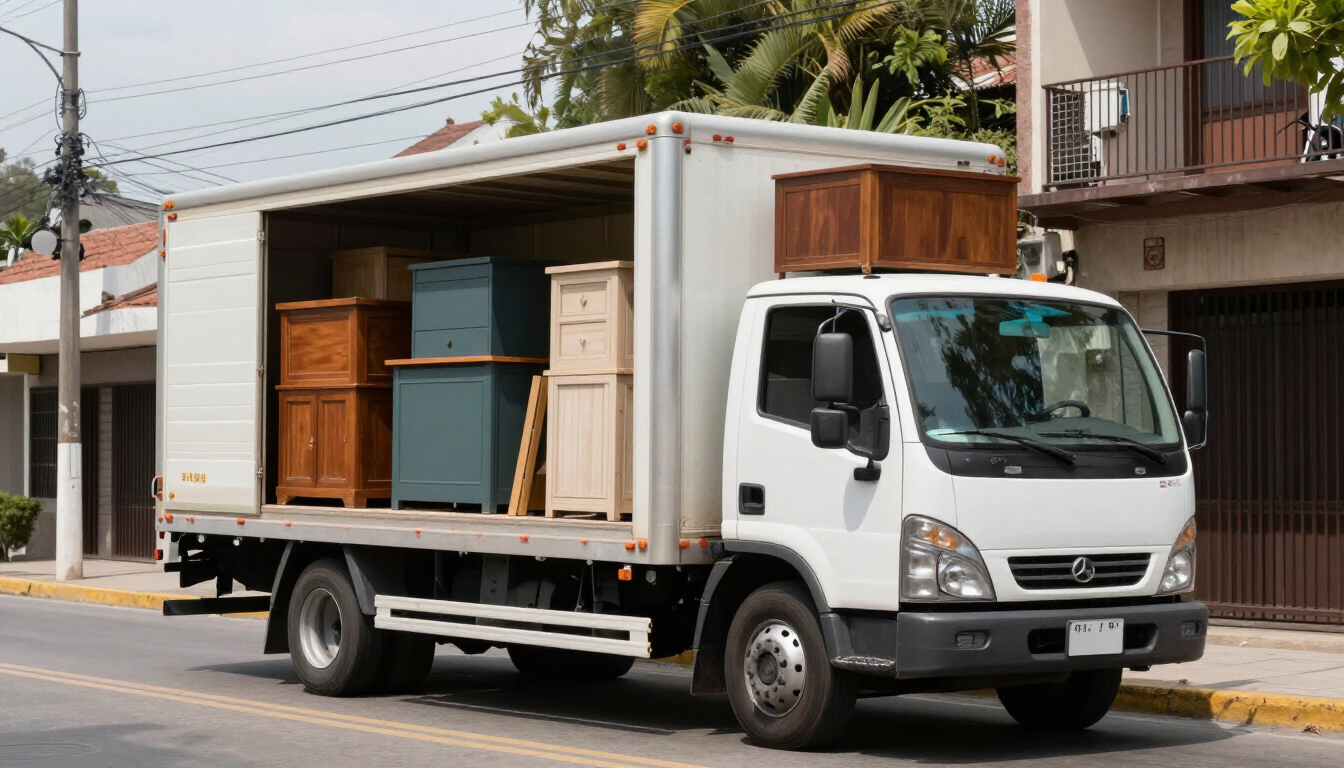 Camión blanco de caja cerrada que transporta muebles por una calle de la ciudad