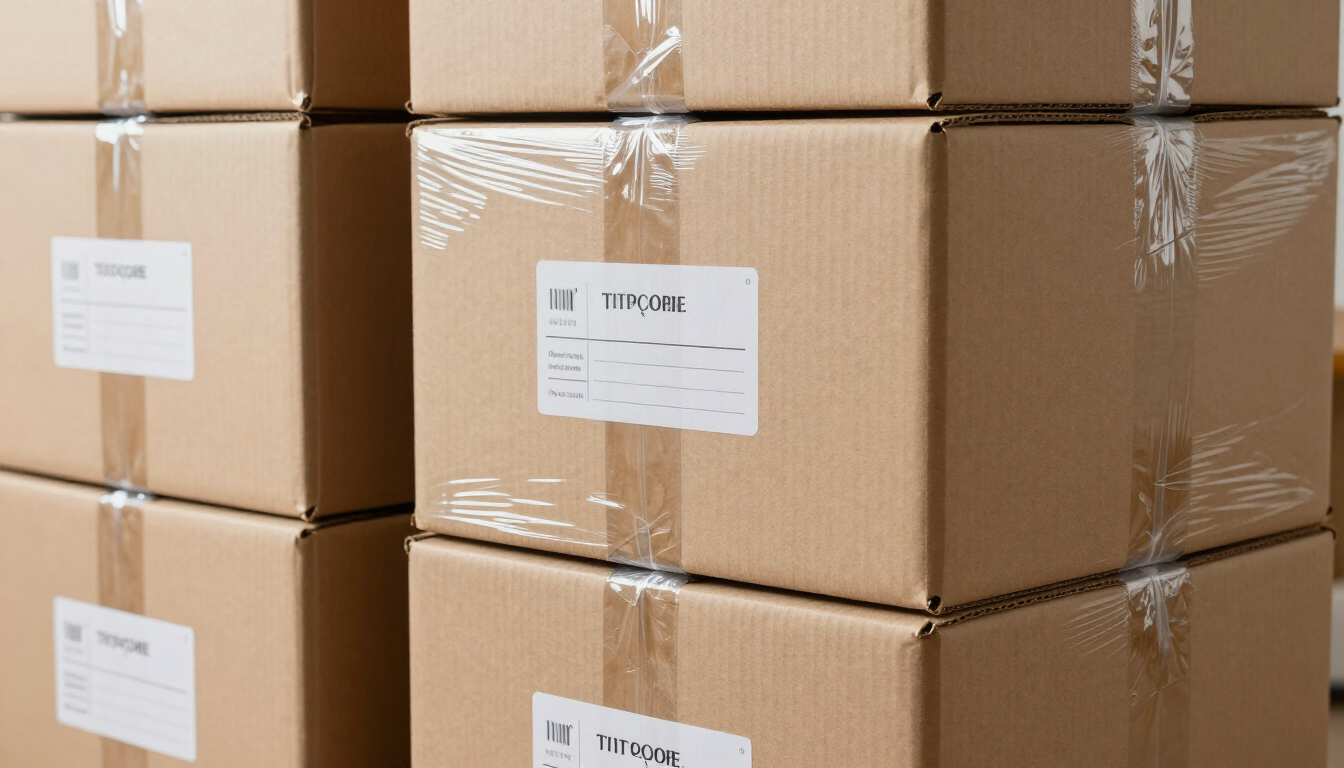 Pilas de cajas de cartón precintadas con etiquetas blancas en un almacén o zona de almacenamiento.