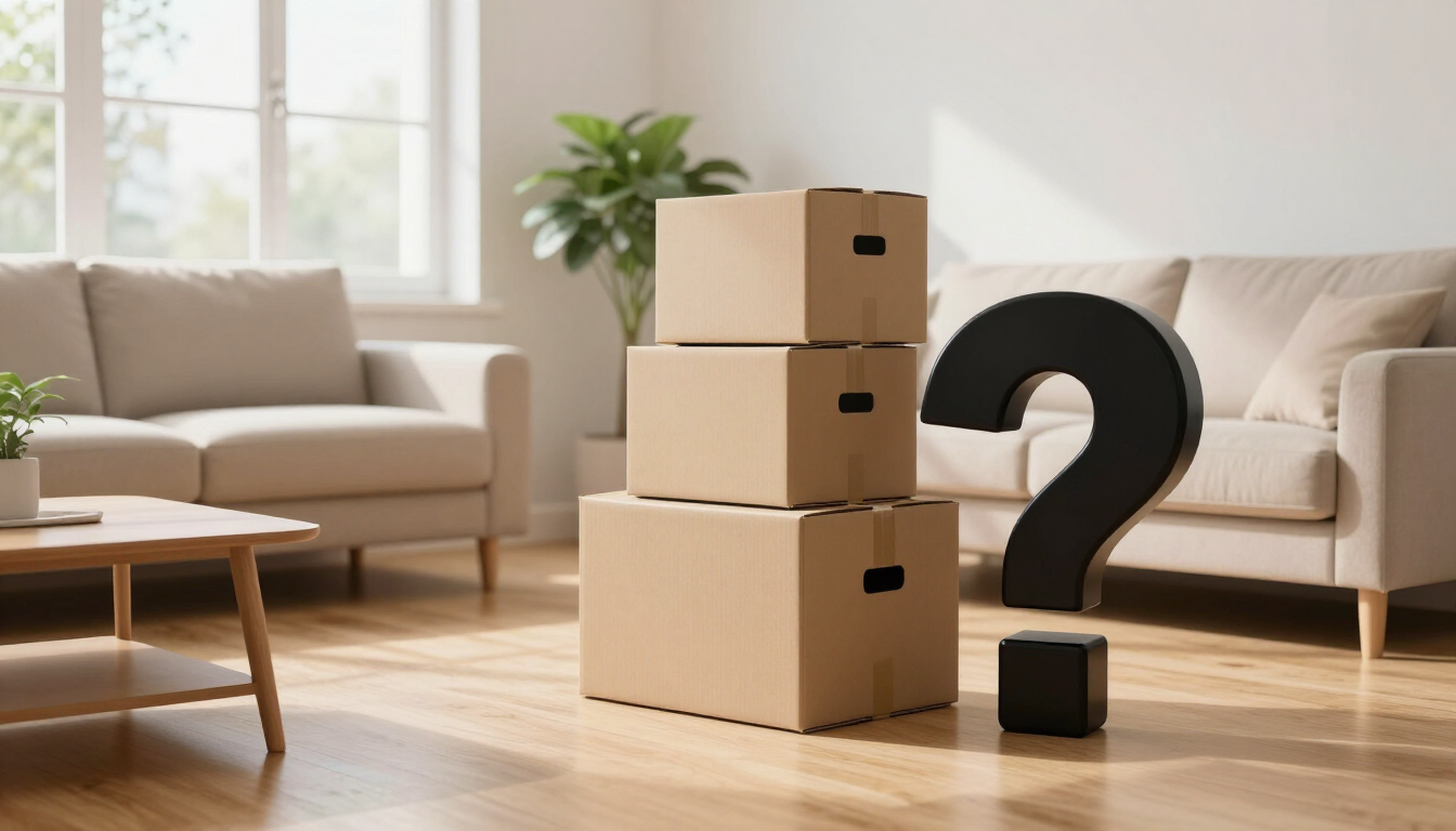 Tres cajas de cartón apiladas en una sala de estar junto a una gran estatua negra con un signo de interrogación.