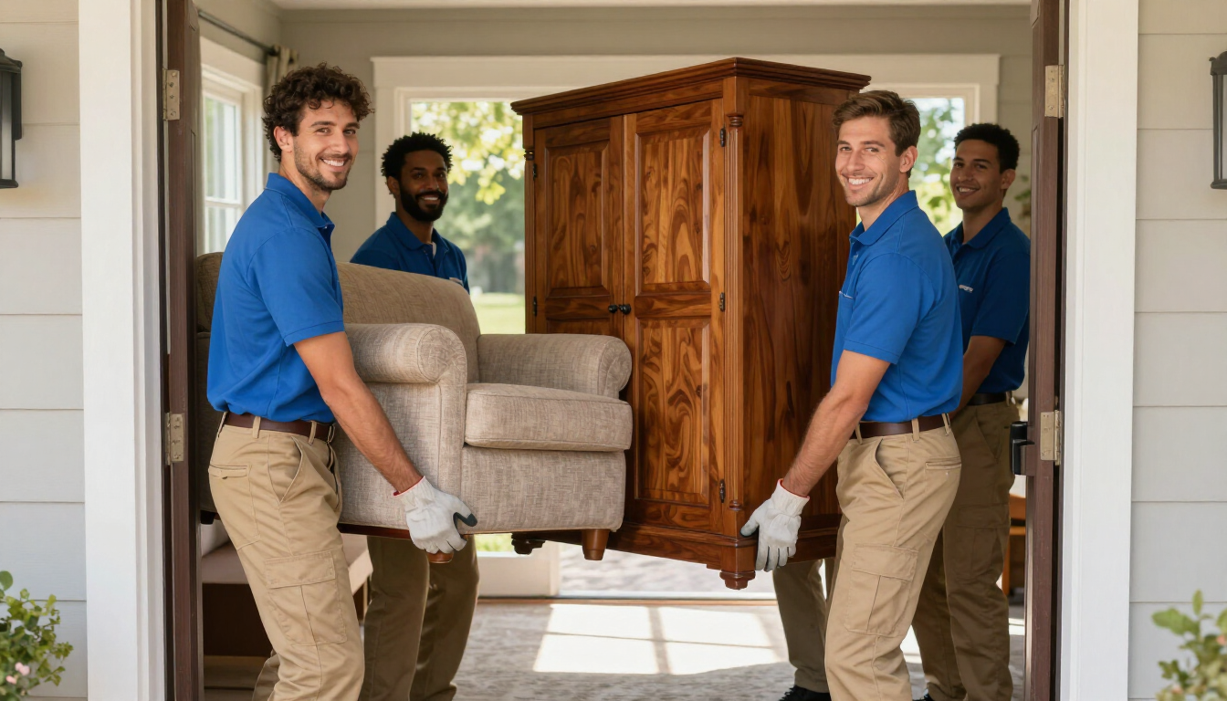 Cuatro operarios transportan un armario de madera y un sillón beige a través de una puerta hacia el interior de una casa.