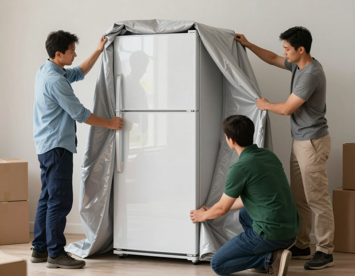 Tres personas desempaquetan un refrigerador blanco en una habitación en movimiento.