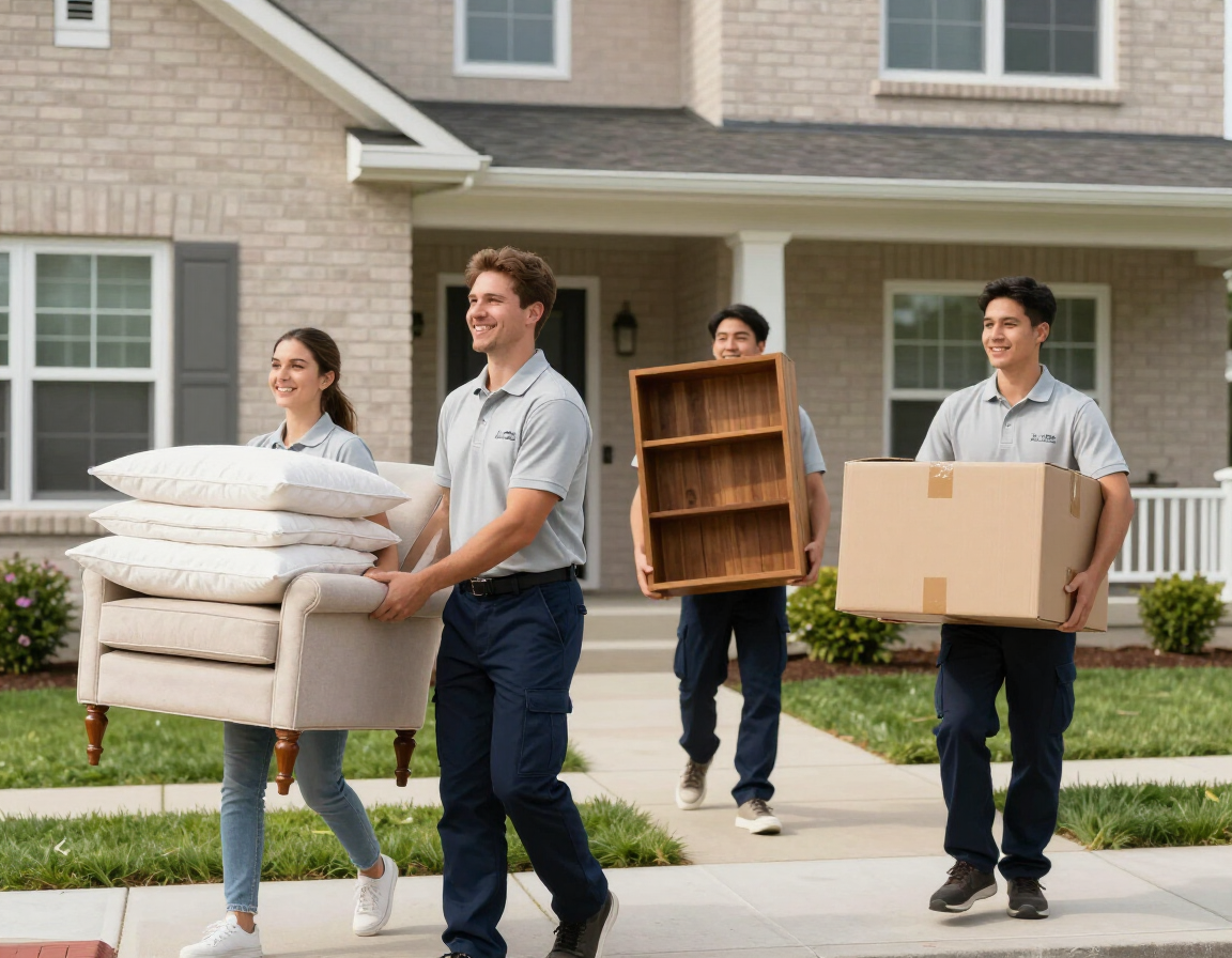 Cuatro personas sacando cajas y muebles de una casa suburbana durante una mudanza.