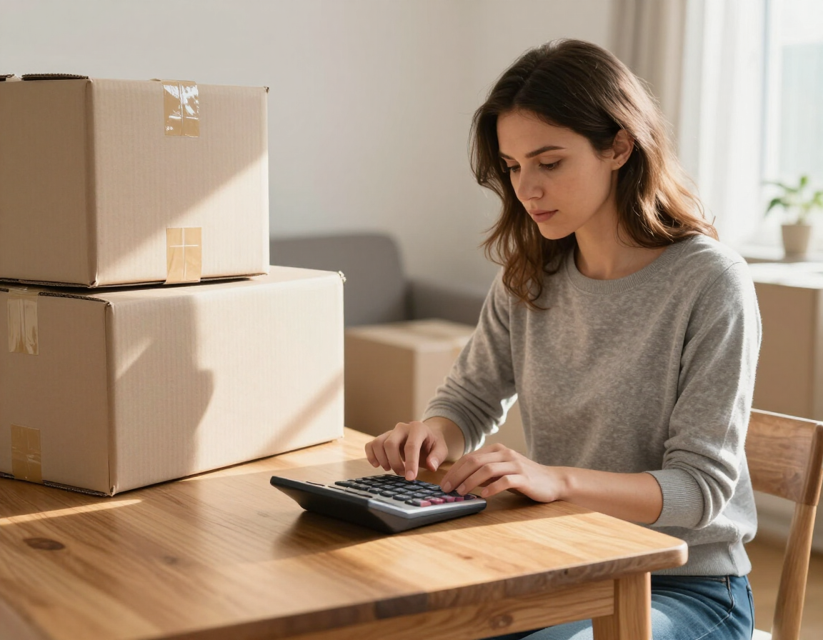 Mujer usando una calculadora en una mesa de madera junto a cajas de cartón apiladas en una habitación luminosa.