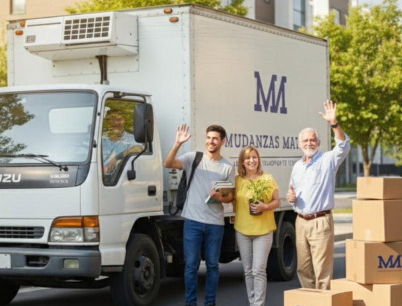 Familia de mudanzas están de pie junto a un camión de mudanzas blanco frente a una casa, saludando junto a cajas apiladas.