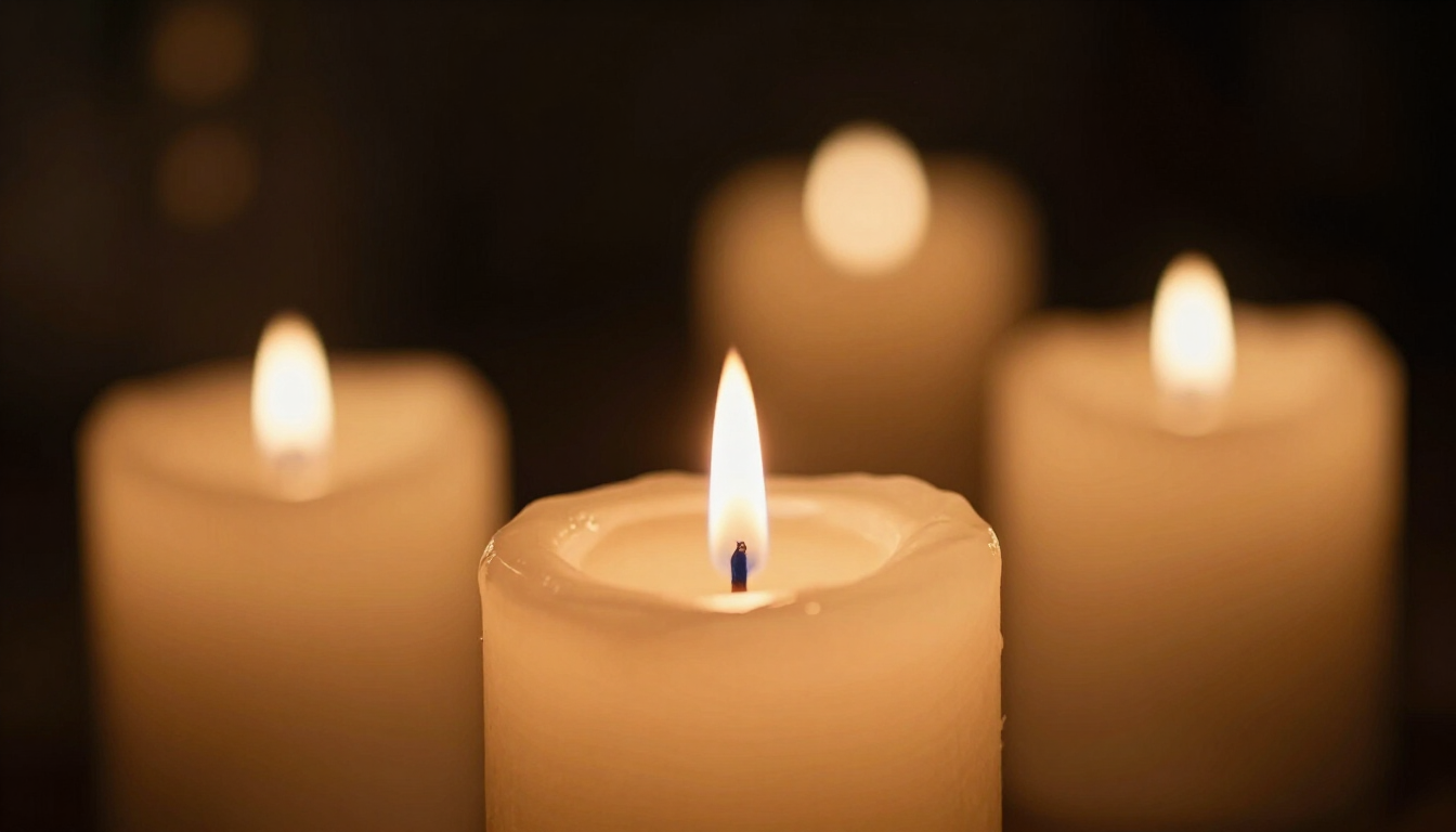 Three lit white candles glowing against a dark background, with one candle in focus