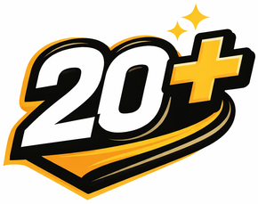Stylized “20+” logo in white, black, and gold with sparkles and a swoosh