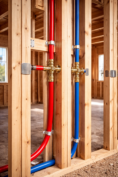 Plumbing pipes in a framed house wall, with red and blue lines running vertically between studs