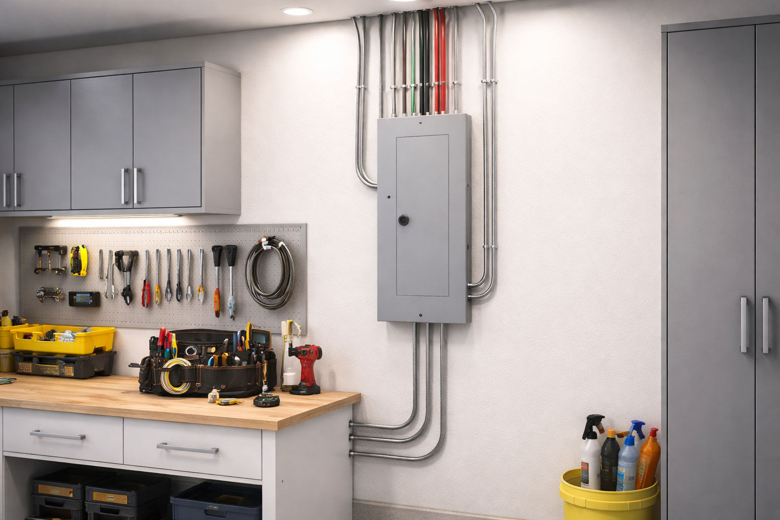 Garage workshop with tools on a workbench, cabinets, and an electrical panel on the wall