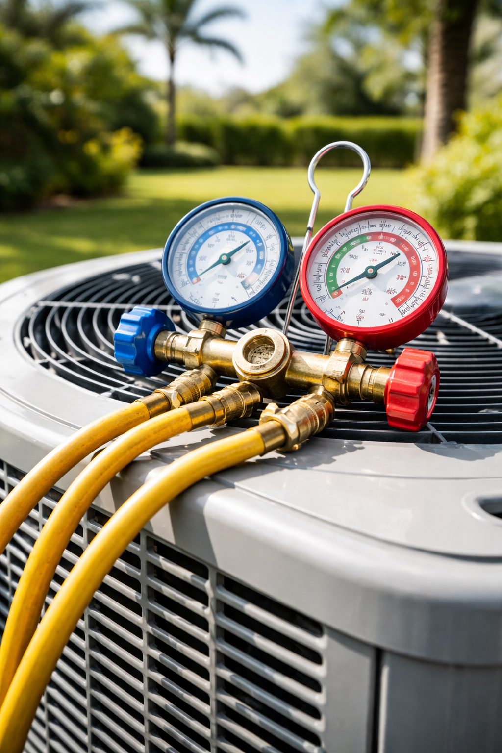 Air conditioner condenser with HVAC gauges and hoses attached outdoors
