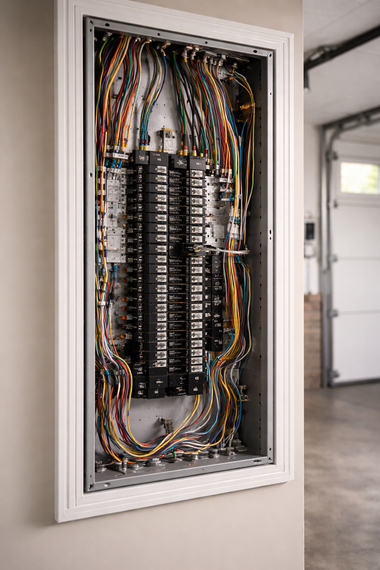 Open electrical breaker panel with multicolored wiring in a wall recess