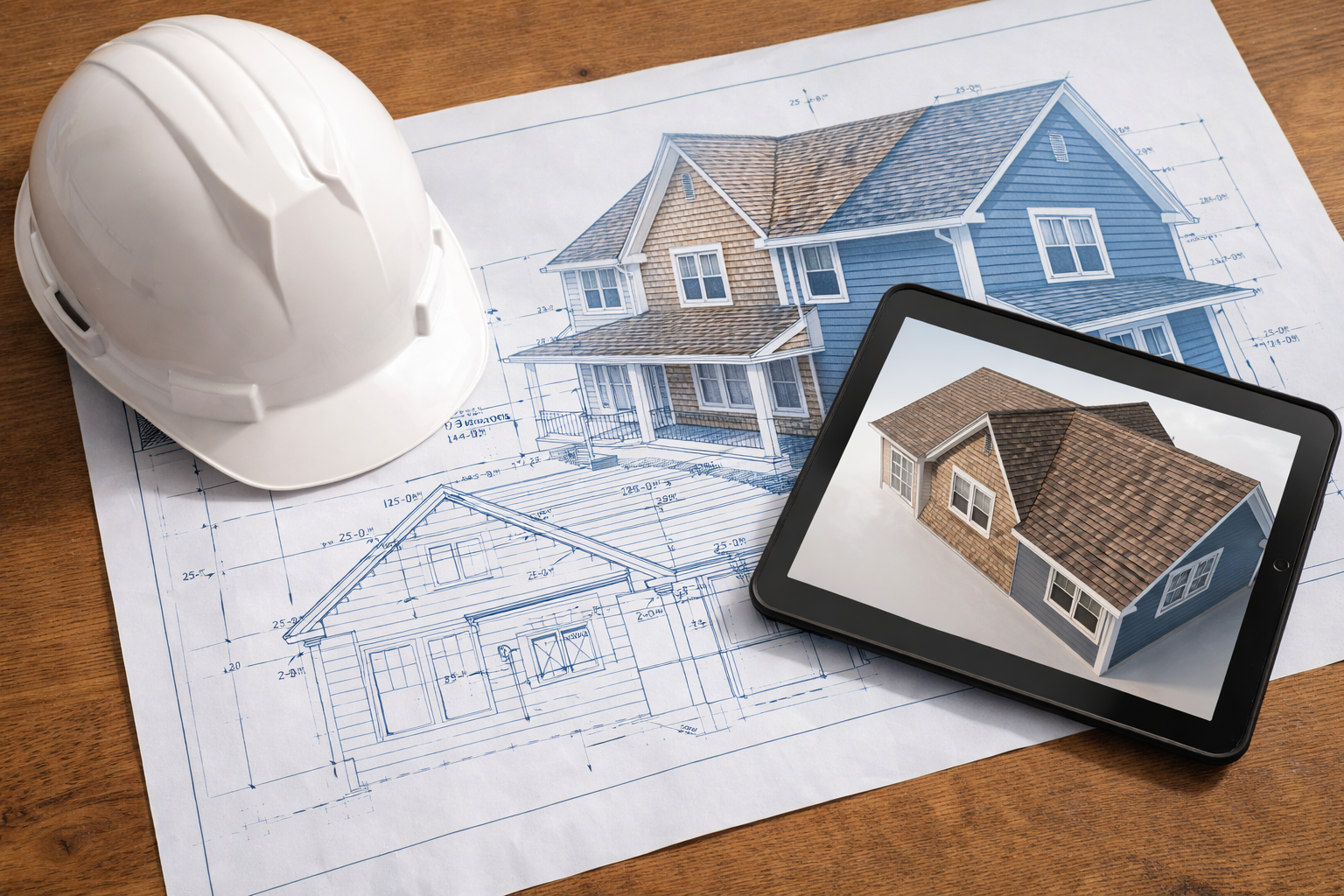 Architectural blueprint with a white hard hat and tablet showing a house rendering