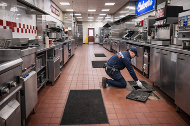 Worker kneeling to inspect a floor drain in a stainless-steel commercial kitchen