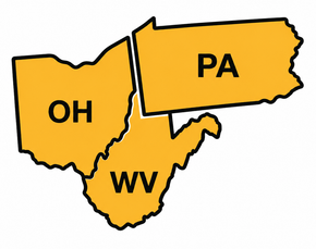 Map of Ohio, Pennsylvania, and West Virginia labeled OH, PA, and WV, with Pennsylvania highlighted yellow