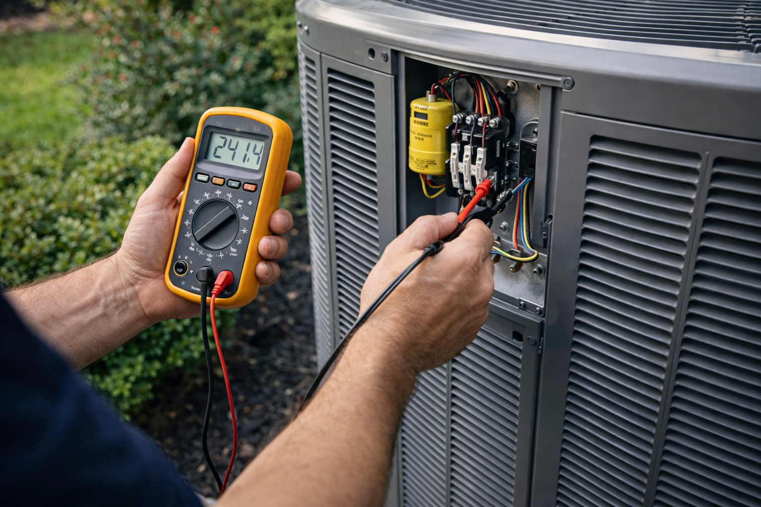 Technician testing HVAC wiring with a digital multimeter on an outdoor unit