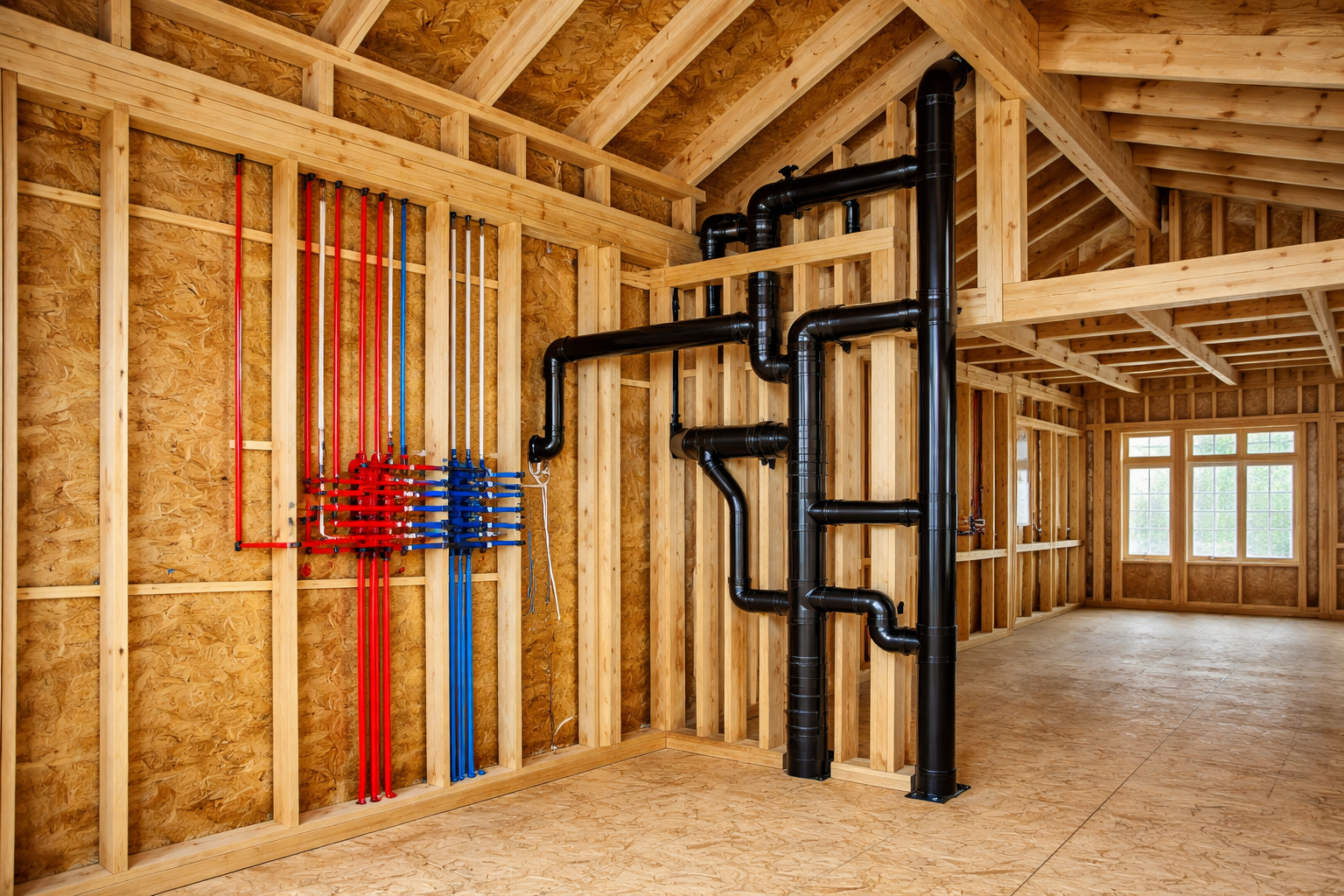Unfinished house interior with exposed plumbing pipes and wooden framing near a windowed room.