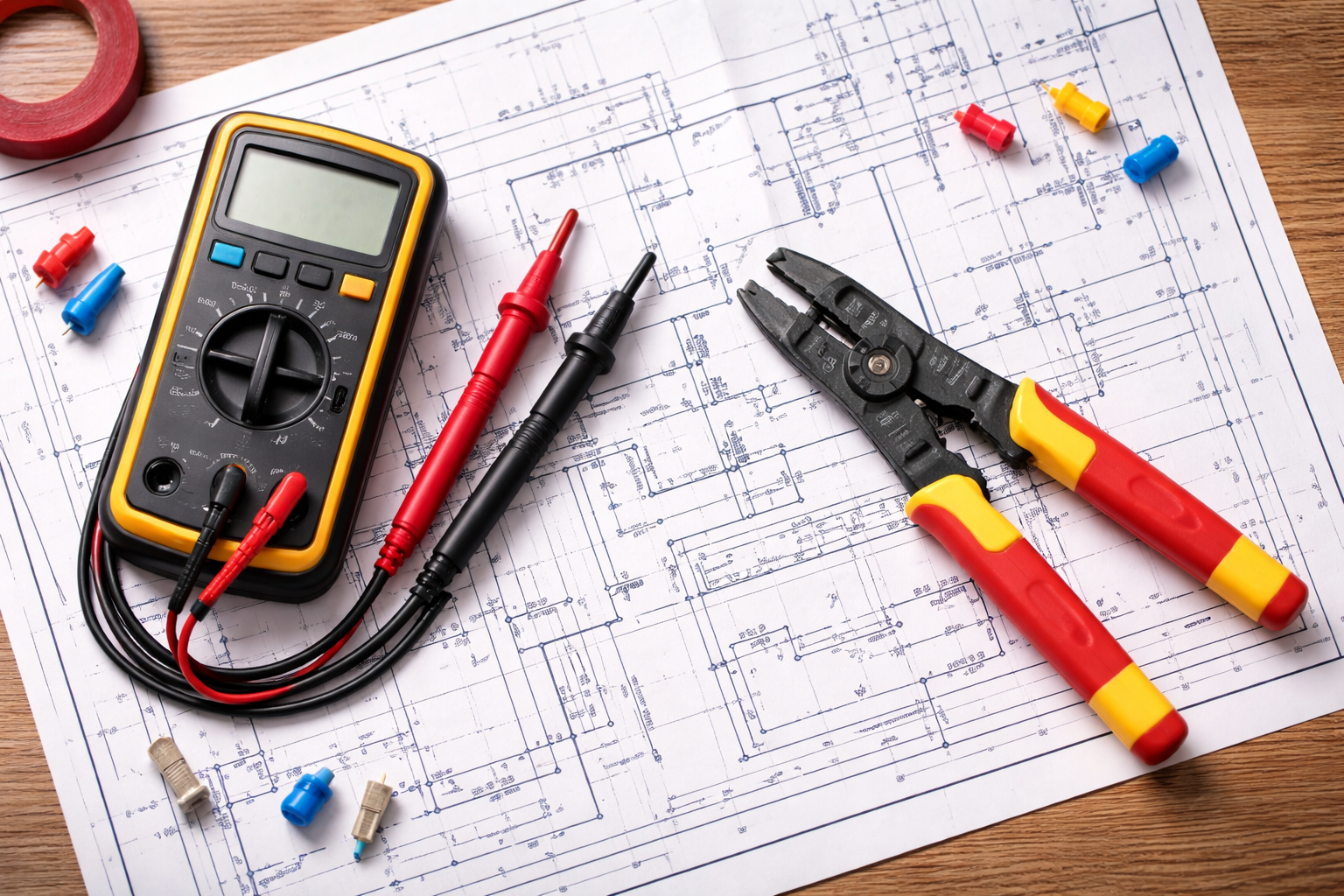 Digital multimeter, wire stripper, and screwdrivers on electrical circuit blueprints