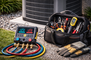HVAC gauges and tools beside an outdoor air conditioner unit, with coiled hoses and gloves