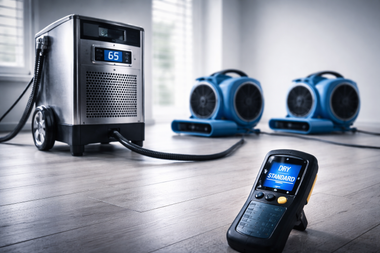 Portable power station with connected cables, blue speakers, and a handheld device on a wooden floor
