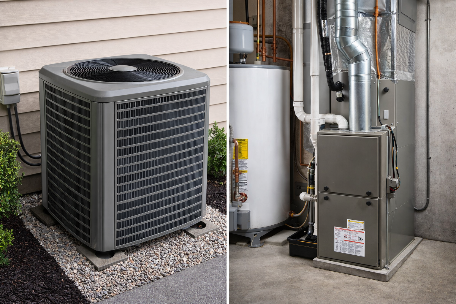 Two HVAC furnace and air conditioner units: outdoor condenser beside a house and indoor furnace with ducts.