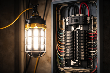 Industrial electrical panel with illuminated work light and organized wiring, cables, and circuit breakers