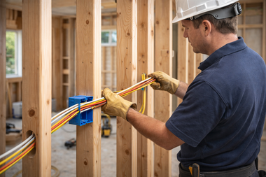 Worker in a hard hat routing colorful cables through a wooden building frame