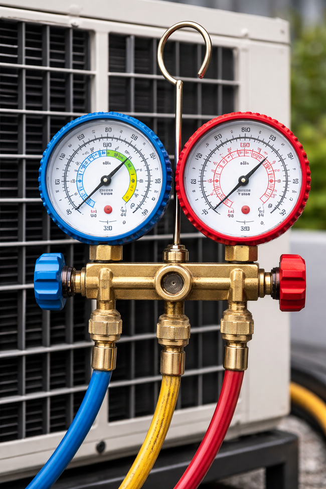 Two pressure gauges on HVAC manifold with blue, yellow, and red hoses attached