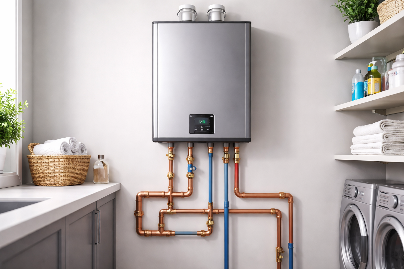 Wall-mounted water heater with exposed copper pipes in a bright laundry room, beside washer and shelves.