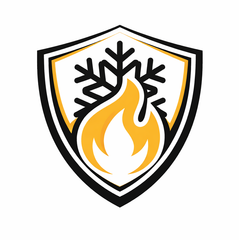 Black-outlined shield logo with a white flame and black snowflake, accented in yellow and orange
